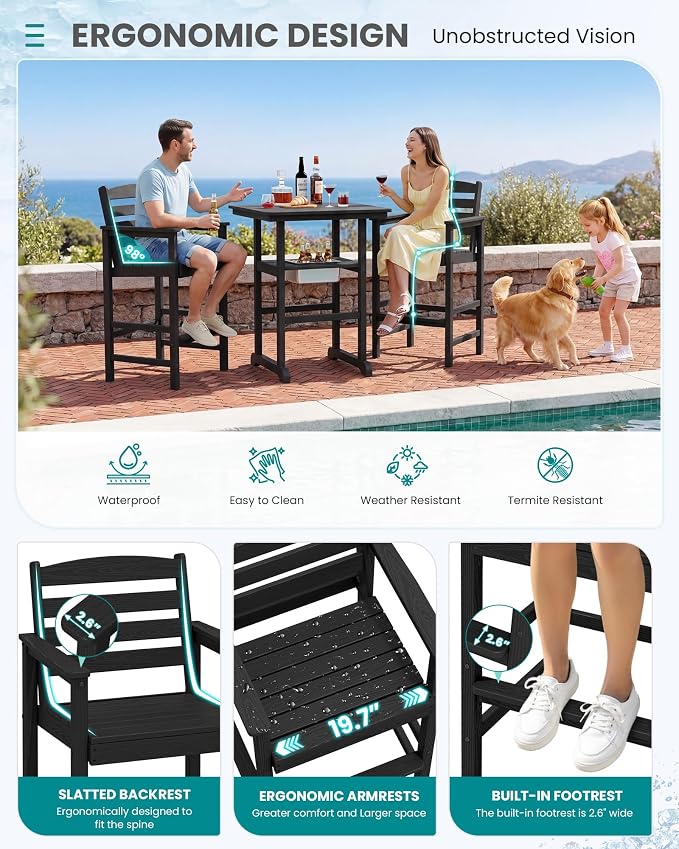 SERWALL Adirondack Bar Chairs and Table 5 Pieces Set with Umbrella, HDPE Bar Height Chairs Set of 2 and Bar Table with Ice Bucket, Outdoor Bar Stools Set for Balcony, Poolside, Backyard, Black