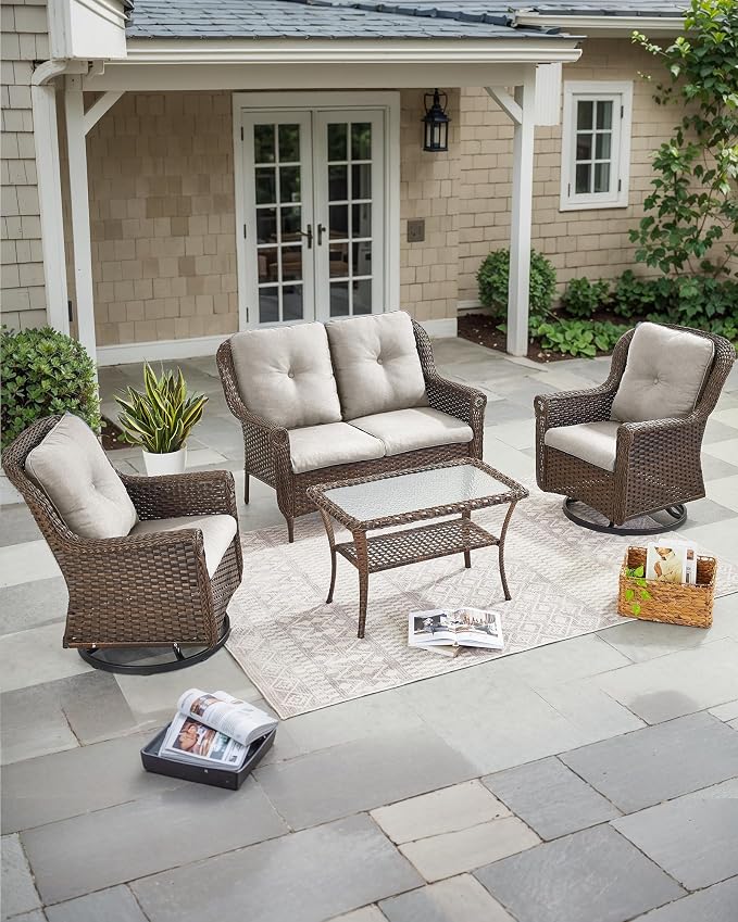 Patio Coffee Table for Outdoor Furniture Set - 2-Tier Storage Wicker Side Tables with Smooth Clear Tempered Glass Tabletop for Outside Wicker Rocking Swivel Chairs in Porch Deck Yard - Brown