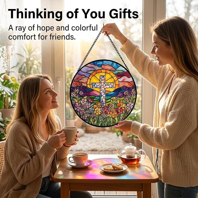 Christian Gifts for Women - Flower Cross Faux Stained Glass Window Hanging Sun Catcher for Acrylic Home Decor Mother's Day Christmas Easter Religion Gift for Mom Nana Men Grandma Wife Dad 6.3"