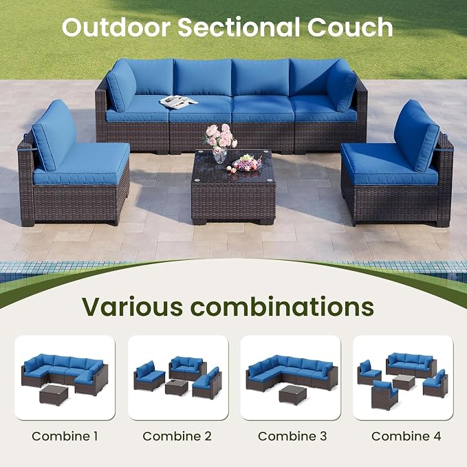 7-Piece Outdoor Patio Furniture Set, 6-Seat All-Weather PE Rattan Wicker Patio Sectional Furniture Set with Coffee Table, 450 lb Capacity
