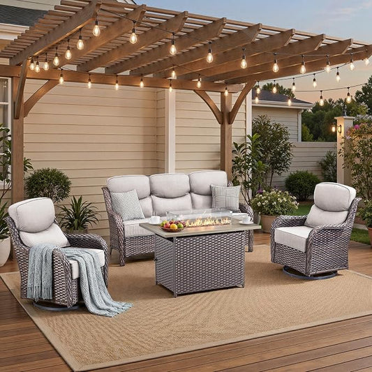 Luxury High Back Patio Furniture Set with Fire Pit Table, 4-Pieces Outdoor Furniture with 6" Thick Cushions Swivel Chairs, Wicker Conversation Set for Porch, Balcony, Deck and Yard, Brown/Beige