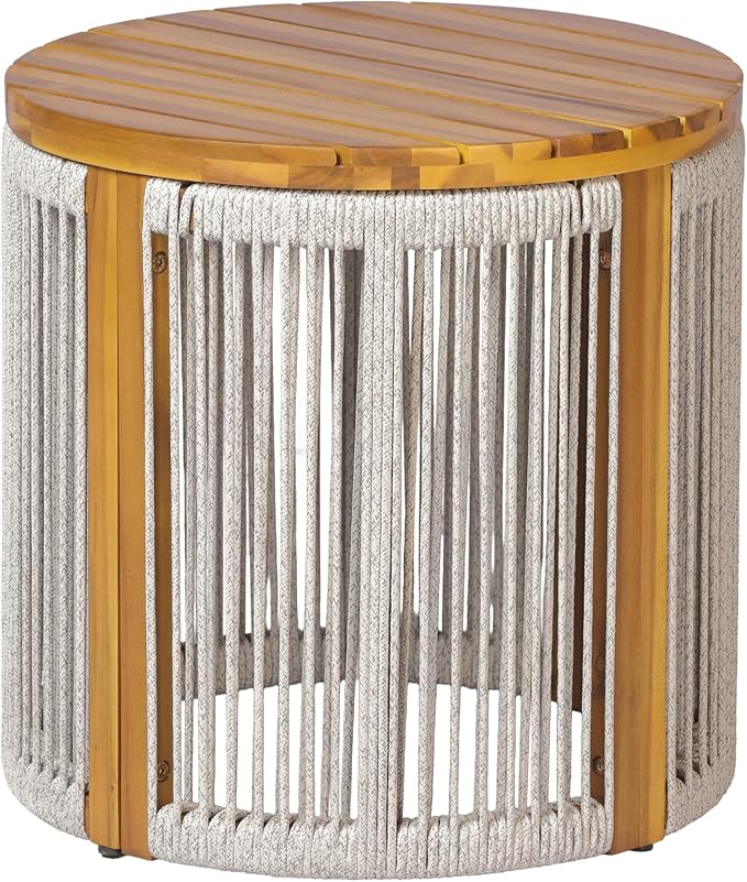 Teak Finish Acacia Wood Round Side Table with Light Grey Color Rope, 25 lbs Weight Capacity, Weather-Resistant Accent Table for Patio Backyard Living Room