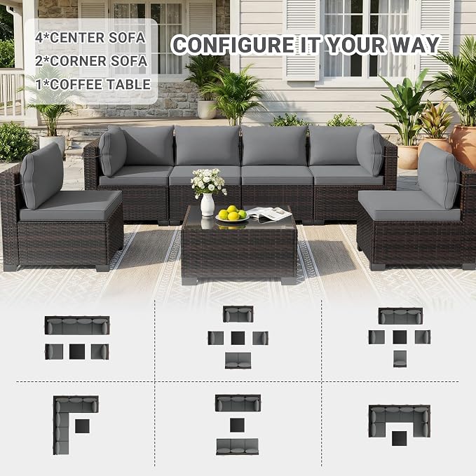 CHABATREE 7pcs Outdoor Patio Furniture Sets,Rattan Conversation Sectional Set,Manual Weaving Wicker Patio Sofa with Tea Table