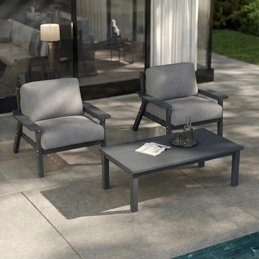 Patio Furniture Set with Washable Thick Gray Cushions, HDPE Outdoor Couch, All-Weather Outdoor Sectional Furniture, Patio Conversation Sets for Lawn, Garden, Porch (Grey Frame)