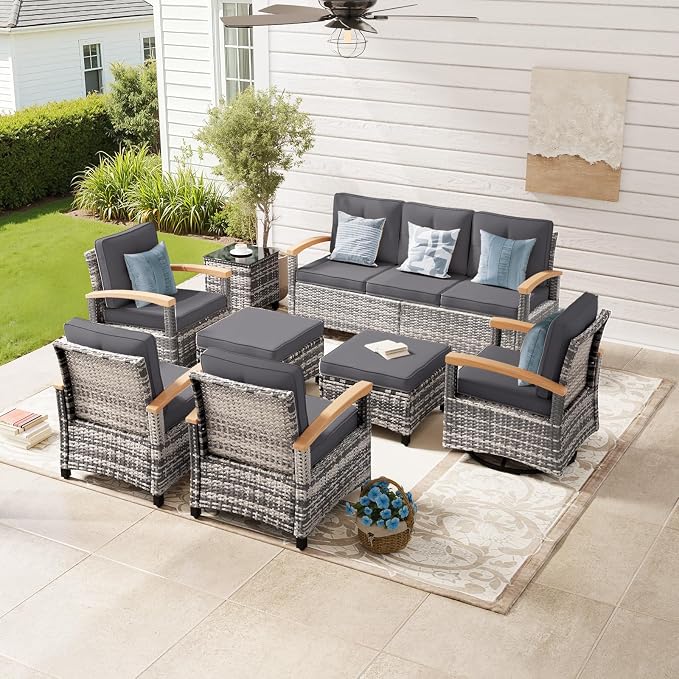 MEISSALIVVE 8 Pieces Outdoor Patio Furniture Sets, Wicker Patio Conversation Sets with 2 Wood Armrests Swivel Glide Chairs,2 Single Chairs, 3-seat Sofa (Grey)