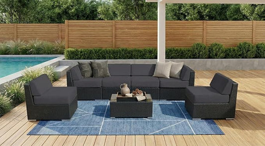 Fully Assembled Ohana 7 Piece Outdoor Patio Furniture with Gray Water Proof 6-inch All-Weather Rainshield Cushions and Oversized Seats