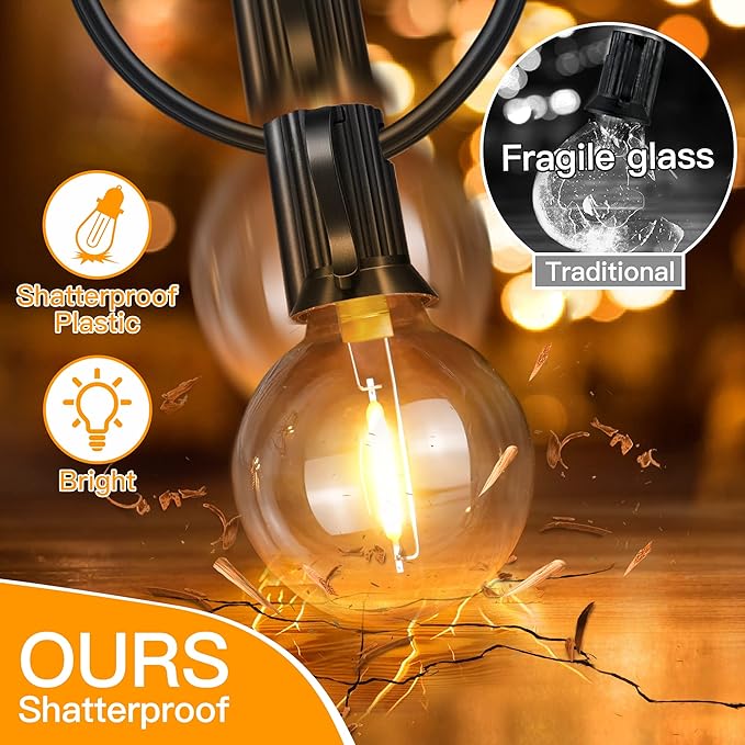 Ollny 150FT Outdoor String Lights, Waterproof Connectable Shatterproof Outside Light with 75 Edison + 4 Spare LED Bulbs Plug in, Patio Lights for Indoor Balcony Porch Camping Deck