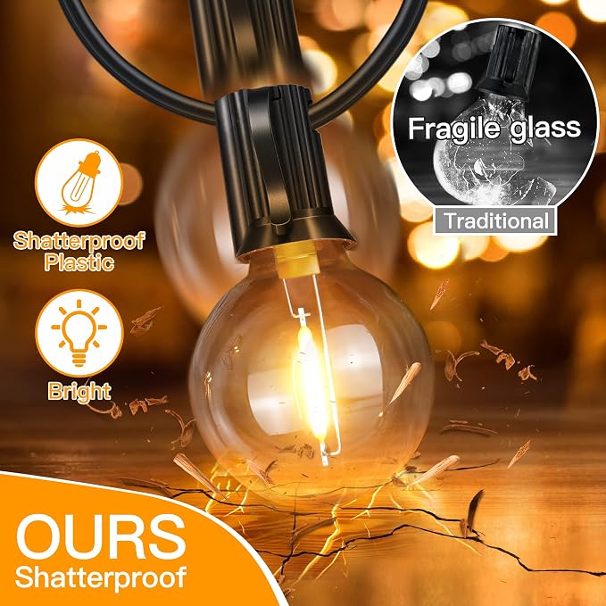 Ollny 100FT Outdoor String Lights, Waterproof Connectable Shatterproof Outside Light with 50 Edison + 3 Spare LED Bulbs Plug in, Patio Lights for Indoor Balcony Porch Camping Deck