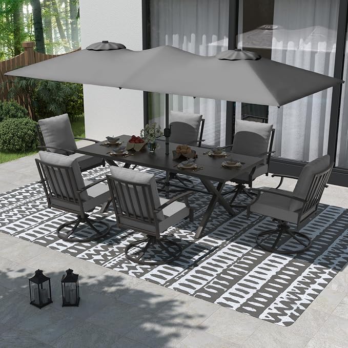 Gotland 7 Piece Outdoor Dining Table and Chairs for 6 with 14Ft Double-Sided Umbrella, Patio Swivel Dining Chairs for 6, Rectangular Patio Dining Table with Umbrella Hole Outdoor Patio Set