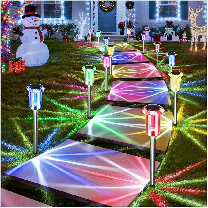 DenicMic Outdoor Solar Lights Waterproof 10 Pack Color LED Christmas Decor | Pathway Yard Garden Driveway Landscape Path Lighting - Candy Cane Style Starburst Light Pattern, Acrylic/Stainless Steel