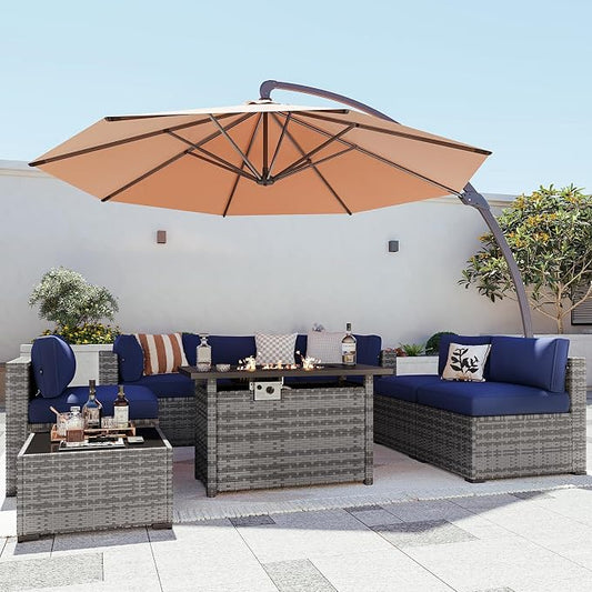 Aoxun Patio Furniture Sets, 9-Piece Outdoor Patio Furniture with 44'' Propane Gas Firepit Table and 11FT X 11FT Cantilever Umbrella, Wicker Outdoor Conversation Set for Backyard