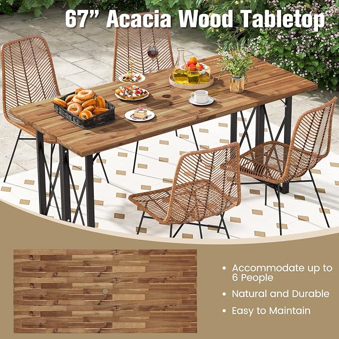 Tangkula 67 Inch Outdoor Dining Table, Acacia Wood Patio Table with 2 Inch Umbrella Hole, Heavy-Duty Metal Frame, Indoor Outdoor Picnic Table for 6