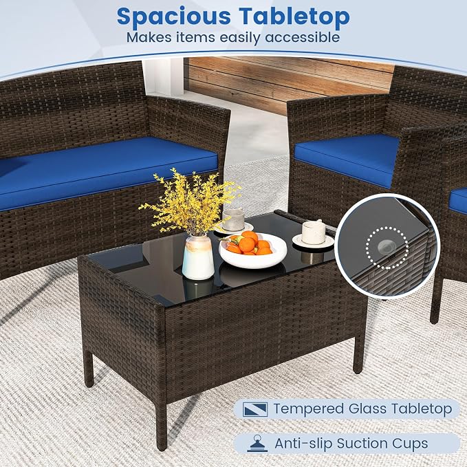 HAPPYGRILL 8 Pieces Outdoor Rattan Conversation Set, Patio Wicker Furniture Set with Loveseat Chairs & Tempered Glass Coffee Table, Outside Sectional Sofa Set for Backyard, Garden Poolside