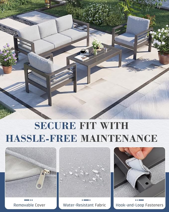AECOJOY Aluminum Patio Furniture Loveseat, Modern Outdoor Furniture with Washable 5 inch Thick Cushion, Light Gray