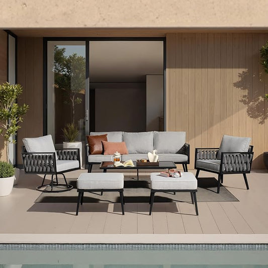 Outdoor Patio Furniture Set, 6-Piece Metal Conversation Furniture Sofa with Coffee Table, All Weather Patio Couch Sofa with Thick Cushions for Balcony Backyard,Light Grey