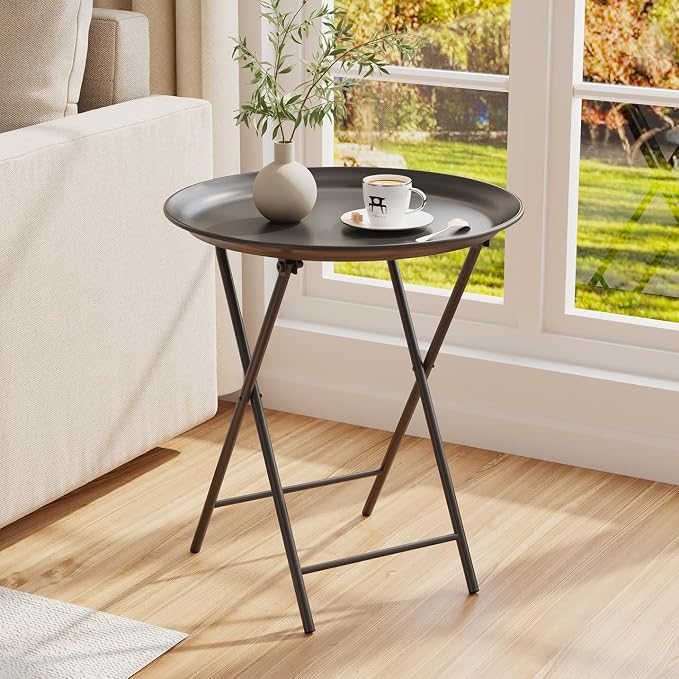Garden 4 you Folding TV Tray Table, Metal Round Side Table, Black Dinner Table with Metal Frame, Modern Outdoor Tray Table for Living Room, Bedroom, Patio & Small Spaces, 2 Packs
