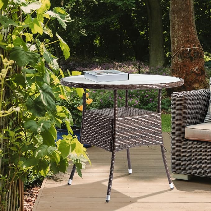 31.7" Round Patio Side Table,Small Outdoor Wicker End Tables,All-Weather Rattan Coffee Table,Bistro Dining Tables,with Glass Tabletop,for Lawn Garden Backyard Deck Porch Poolside Balcony (Brown)