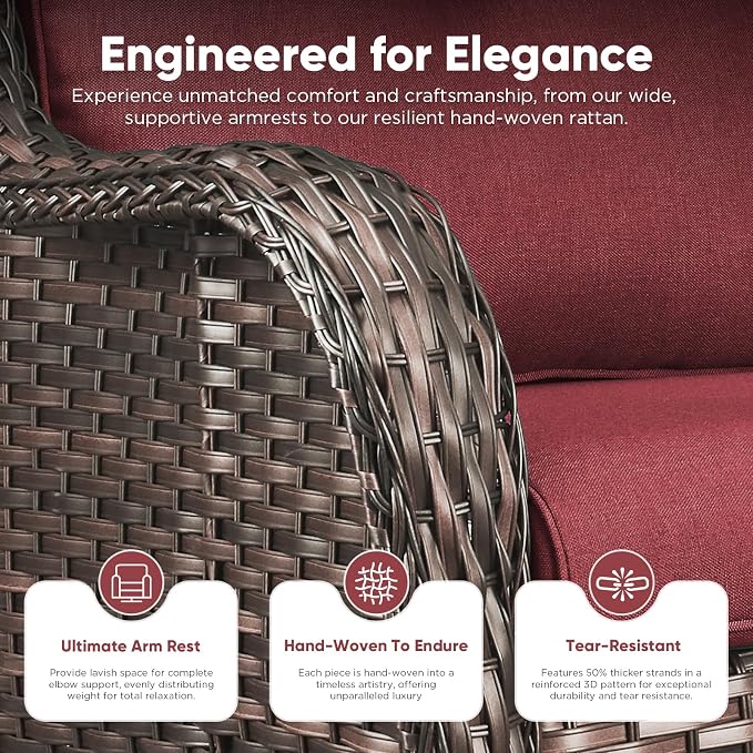 Belord Patio Wicker Chairs Swivel Rocker,Outdoor Patio Furniture Set with Rattan Side Table, All Weather Conversation Set for Porch Poolside Balcony, Brown Wicker/Red