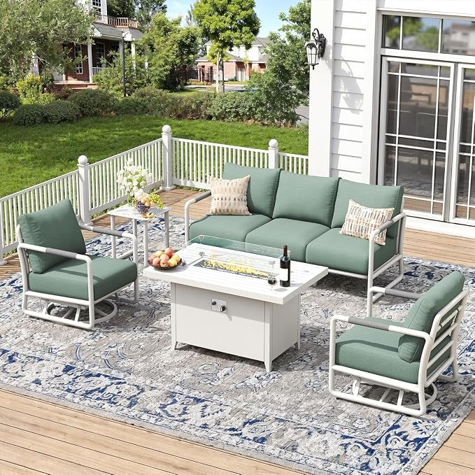 5-Seat Aluminum Patio Conversation Sofa Set with 2 Swivel Rocking Chairs & Oversized Fire Pit Table (Glass Wind Guard), All-Weather for Balcony, Garden, White