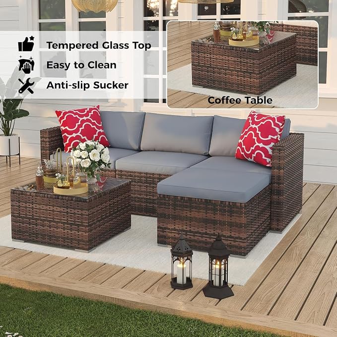 GarveeLife 5-Piece Outdoor Patio Rattan Wicker Sofa Set, PE Rattan Conversation Sectional with Thickened Back Cushion, Glass Tabletop, Ottoman - Ideal for Courtyard Space, Grey