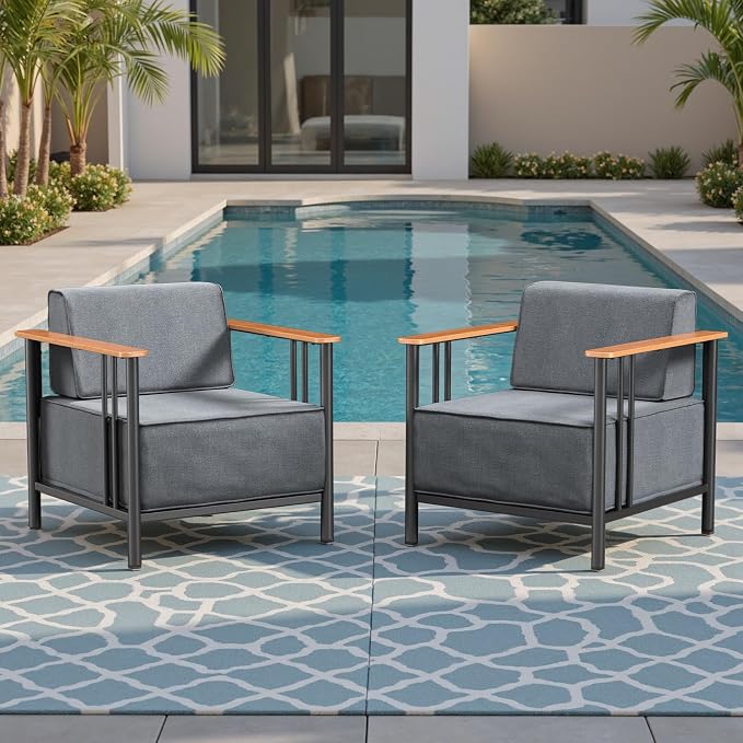 Luxury Patio Chairs Set of 2 with 10" Extra Thick Cushions, Outdoor Furniture with Rustproof Metal Frame and Olefin Fabric, Outdoor Patio Chairs for Porch, Balcony, Deck, Yard, Black/Grey
