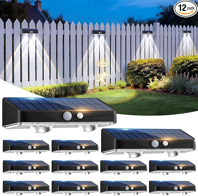 kolpop Solar Fence Lights Outdoor with Motion Sensor,Fence Lights Solar Powered,IP65 Waterproof,3 Modes LED Solar Lights for Patio,Backyard,Railing,Wall,Nighttime,Party,Pool,12 Pack,Cool White