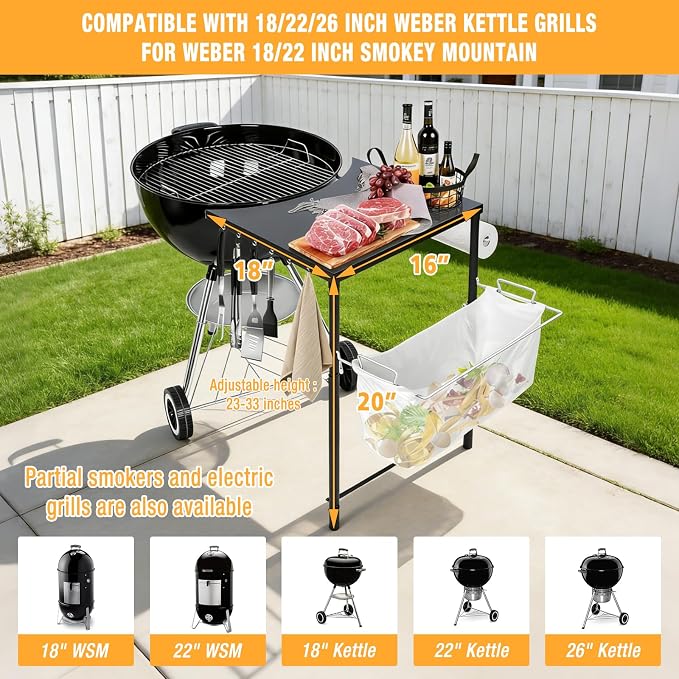 Uniflasy 18"x20" Grill Side Table for Weber Kettle 22/26 & Smokey Mountain 22 | Adjustable Height, Fits Weber Original, Premium & Master-Touch Kettle Grills, Charcoal Grill Work Table, Large BBQ Prep Shelf
