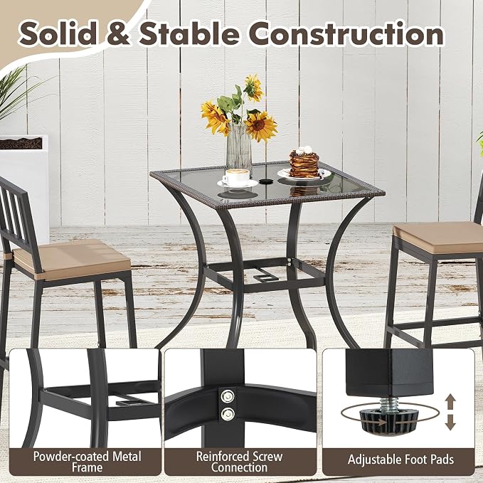 Tangkula Bistro Bar Table, 28.5" Square Bar Height Bistro Table w/ 2" Umbrella Hole, Silkscreen Glass Tabletop & Rattan Edge, Heavy-Duty Metal Legs, Outdoor Patio Bar Table for Poolside, Backyard