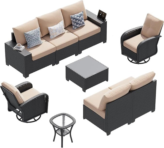 LazySunsets 9 PCS Patio Furniture Set, Outdoor Sectional All-Weather Wicker Conversation Set with Swivel Rocker Chairs, 4'' Thick Cushions for Backyard Poolside(Cream/Black)