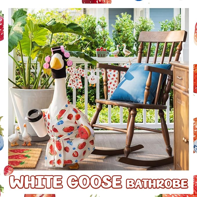 Shyyween Summer Lady Porch Goose Outfit for 23 Inch Cement Plastic Goose Statue Clothes Strawberry Blueberry Bathrobe Coffee Cup Curlers for Outdoor Decoration