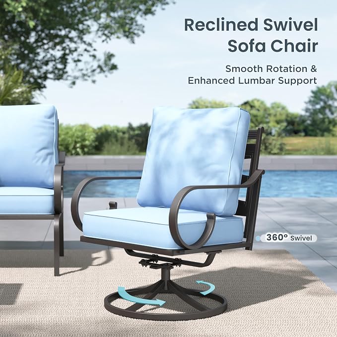 PHI VILLA Patio Furniture Set, a Loveseat, 3-Seater Sofa, 2 Swivel Chairs and a Coffee Table, Outdoor Metal Conversation Set with 5.75" Extra Thick Cushion for Garden Backyard Deck, Blue