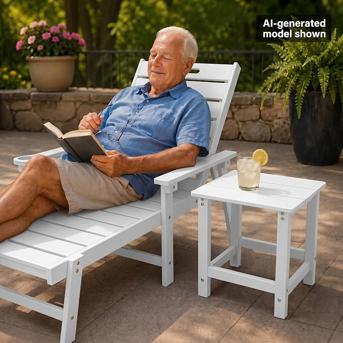 MXIMU Outdoor Side Table for Patio: Heavy-Duty Sturdy Warp Resistant Adirondack Table - Wood Grain Finish Outdoor End Tables - Easy Assembly & Low Maintenance Patio Side Table White
