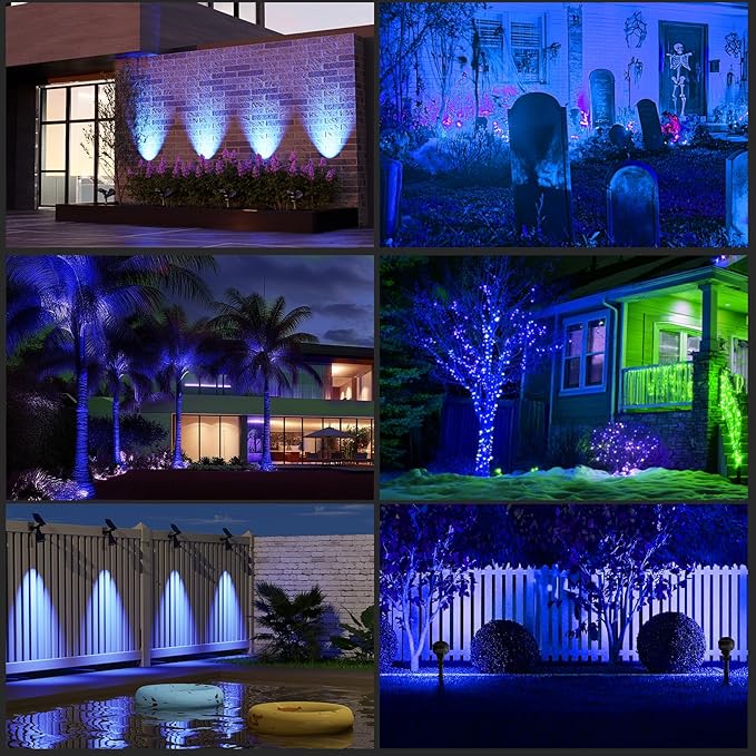 T-SUN Blue Solar Spot Lights Outdoor Waterproof, Solar Spotlights, 2 Pack | 4 LEDs, 2 Lighting Modes, IP65 Waterproof Dusk to Dawn Solar Lights for Tree, Patio, Yard, Garden, Driveway, Halloween