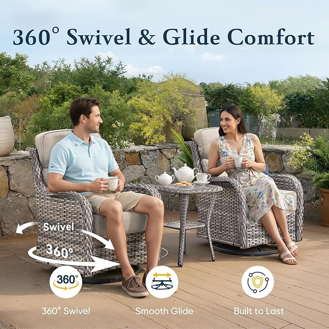 Belord Luxury 6" Thick Cushioned Outdoor Swivel Rocker Patio Chairs Set of 4 with Side Table, High Back Wicker Furniture Set with Ergonomic Zone Back, Conversation Set for Deck Porch - Grey+Beige