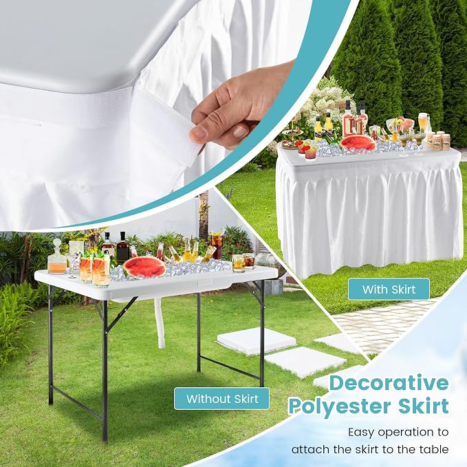 KOTEK Folding Ice Cooler Table with Drain and Skirt, Foldable Beverage Cooler Table Buffet Salad Cooler Server with Edge, Portable Chill Table for Party, Wedding, Picnic, Camping