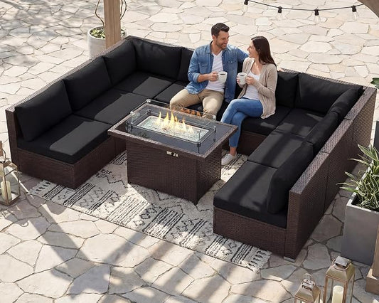 BULEXYARD 9 Piece High Back Outdoor Sectional Couch Set with Fire Pit, Elegant All-Weather Patio Furniture Set, Extra Large Size 8-Person Backyard Seating Group L-Shaped for Yard, Deck, Brown & Black