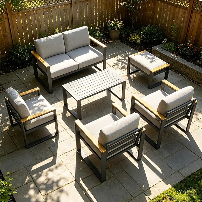 Aluminum Outdoor Patio Furniture - 1 Pcs Loveseat and Coffee Table, All-Weather Metal Modern Outside Furniture with Washable Thick Cushion for Balcony, Garden, Deck, Backyard,Gray