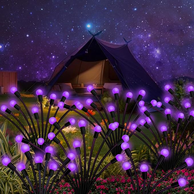 Solar Garden Lights Outdoor, 2 Pack 16 LED Solar Purple Firefly Lights Waterproof, Starburst Wind Swaying Light for Outside Yard Patio Planter Flower Bed Walkway Halloween Christmas Decoration