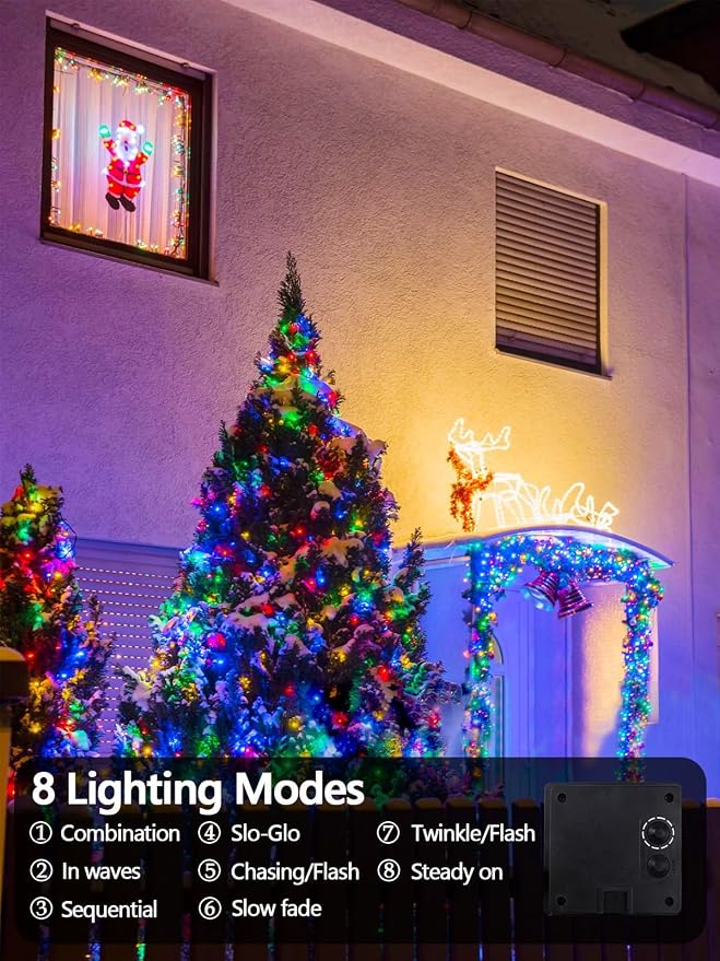Solar Christmas Lights Outdoor 2 Pack 200 LED Solar String Light Multicolor | 8 Lighting Modes, Memory Function, Auto On/Off, 66FT Waterproof Twinkle Lights for Outside Porch Fence Balcony Decorations