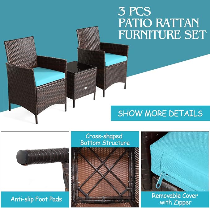COSTWAY 3 Pieces Patio Rattan Furniture Set, Outdoor Wicker Cushioned Sofa with Tempered Glass Tabletop, Rattan Conversation Set for Porch Yard Balcony Backyard Pool, Turquoise