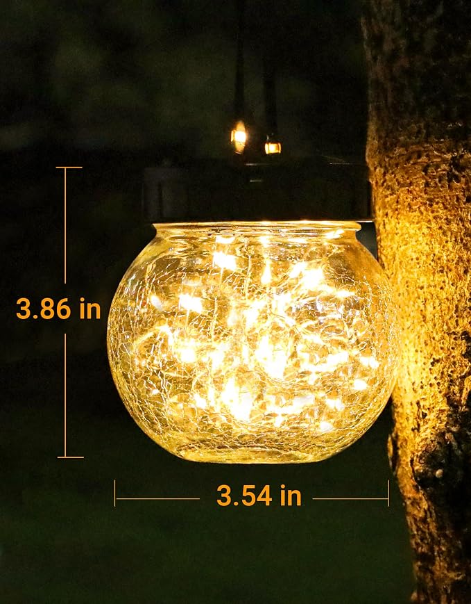 Solar Lights Outdoor Waterproof 12-Pack, Solar Powered Hanging Lantern Cracked Glass Hanging Globes for Yard Decor Christmas Decoration, Shepherd Hook, Garden Tree Ornaments, Warm White