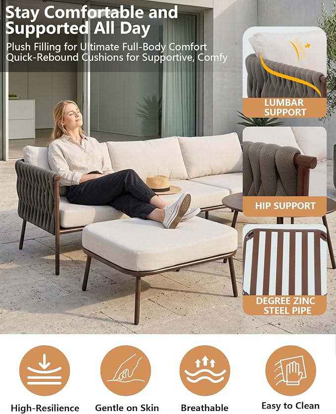 3 Piece Patio Furniture Set, Woven Rope Outdoor Sectional Sofa with Ottoman & Round Table, Deep Seating Patio Conversation Sets with Oversized 3-Seater Couch & Beige Washable Cushions