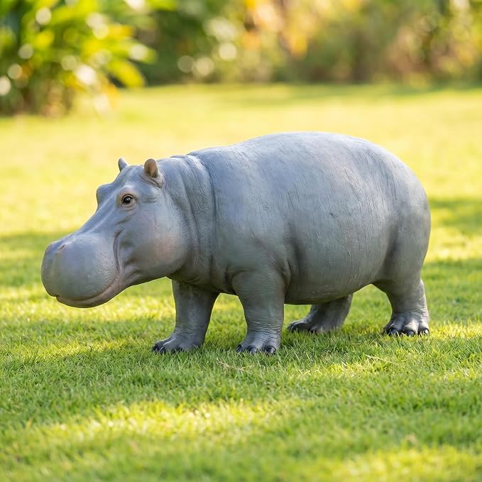 27.5" Lifelike Hippopotamus Garden Statue, Grey | Heavy-Duty Resin, Safari Yard Sculpture, Realistic Animal Figurine, For Outdoor Patio, Lawn & Poolside