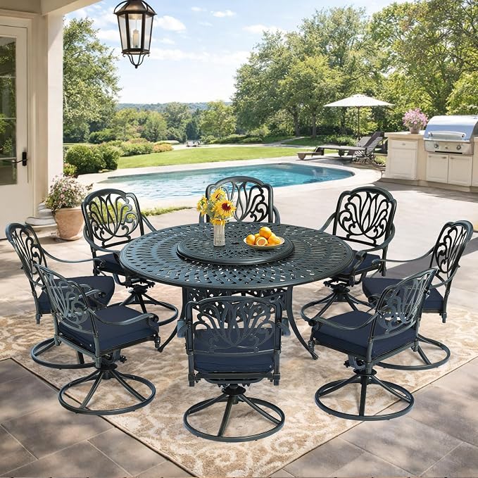 VIVIJASON 9-Piece Patio Dining Set, Rust-Free Cast Aluminum Outdoor Conversation Set, Includes 8 Swivel Dining Chairs & 61" Round Dining Table with 31" Lazy Susan, Umbrella Hole, Navy Blue