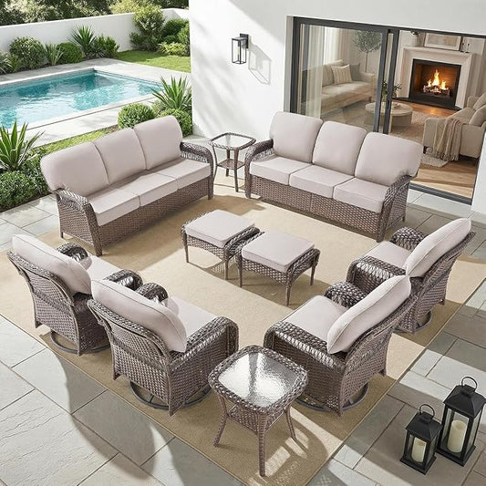 Belord Patio Wicker Swivel Rocker Patio Chairs with 3-Seater Sofa, Outdoor Rattan Chairs for Deck Porch Poolside, 10 Piece Patio Conversation Furniture Set,Beige