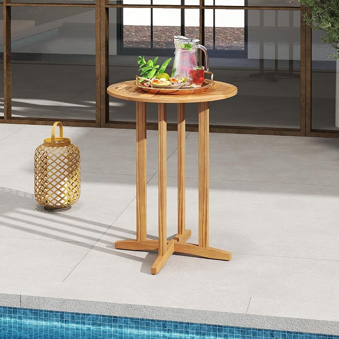 HAPPYGRILL Acacia Wood Outdoor Bar Table, Bar Height Patio Bistro Table for Porch, Garden, Balcony and Poolside