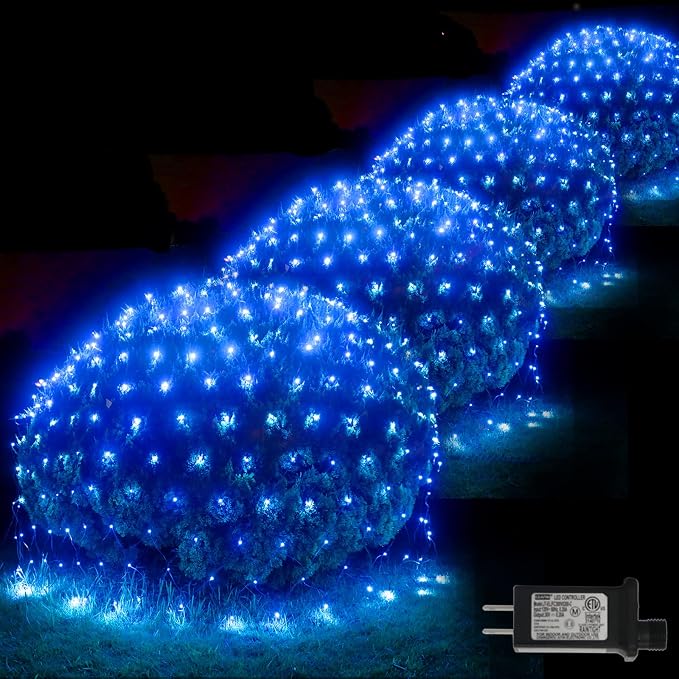 Blue Net Lights, 21x 5ft Christmas Bush Lights Outdoor Green Wire | 360 LED Large Net Mesh Lights Plug in, 8 Modes Waterproof Connectable Bushes Lights for Halloween Hedge Yard Decor