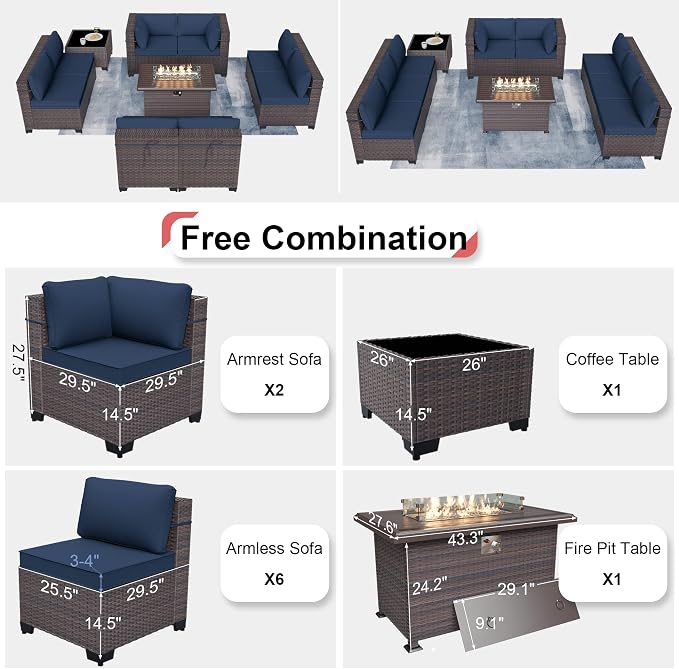 Kurapika 10 Pieces Patio Furniture Set, Rattan Wicker Outdoor Conversation Sets w/43in Propane Fire Pit Table and 4 Inch Cushion(Navy Blue)