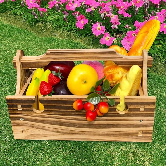 Portable Wooden Picnic Table with Storage Basket - Folding 2-in-1 Outdoor Table and Wine Glass Holder, Ideal for Champagne, Snacks and Beach or Park Dining
