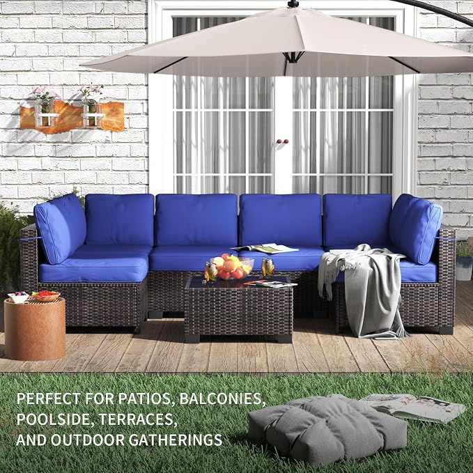 GAOMON 7-Piece Outdoor Patio Furniture Set, All-Weather Wicker Sectional Sofa with Thick Cushions and Glass Top Coffee Table, Modular Conversation Set for Garden, Balcony, Porch, Poolside
